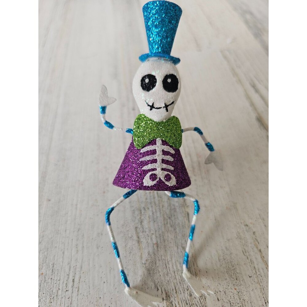Pier 1 skeleton glitter ornament metal tree Halloween‎ Xmas suit hat